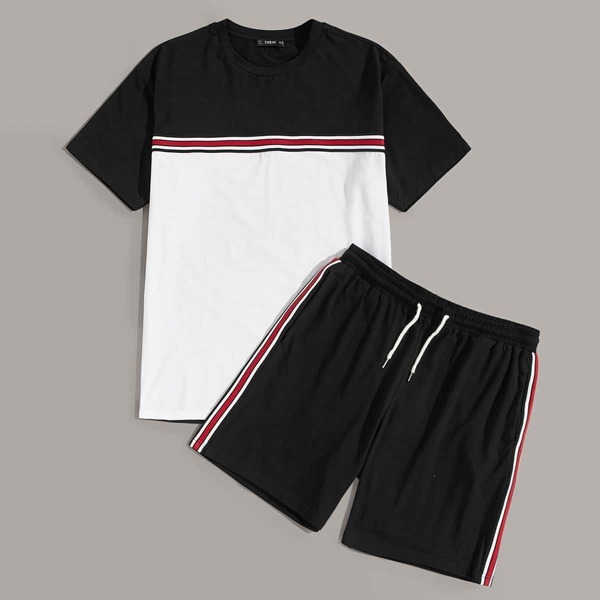 

Men Striped Tape Color-block Tee & Shorts Set