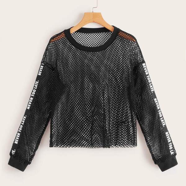 

Letter Tape Side Fishnet Mesh Top, Black