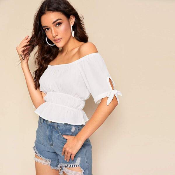 

Off Shoulder Tie Cuff Peplum Top