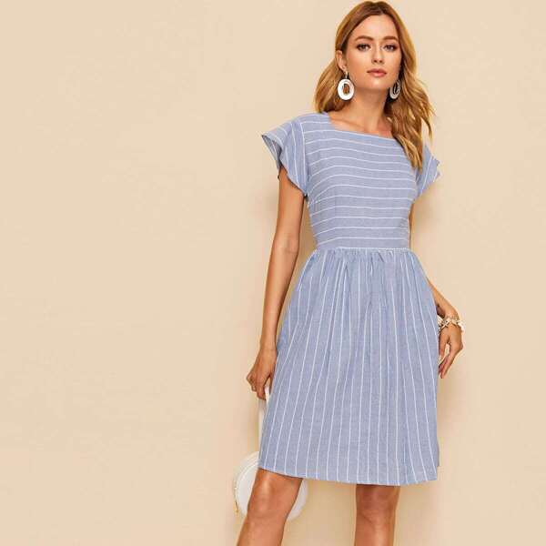 

Striped Square Neck Fit & Flare Dress, Blue