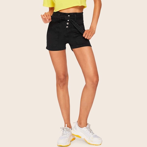 

Pocket Patched Self Belted Buttoned Denim Shorts