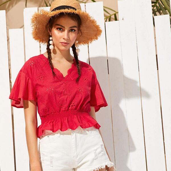 

Eyelet Embroidered Scallop Trim Shirred Blouse, Red