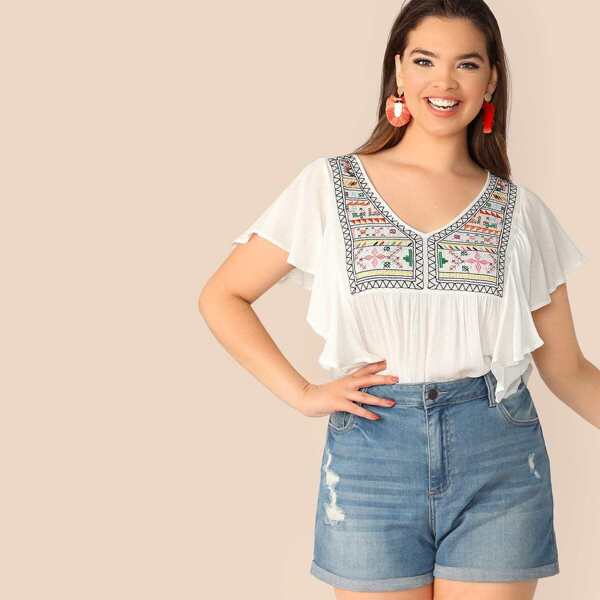 

Plus Ruffle Trim Embroidered Yoke Crepe Top, White