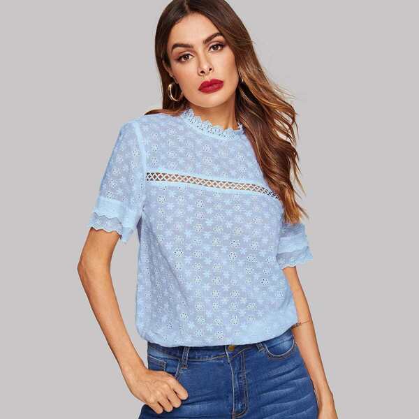 

Lace Insert Solid Schiffy Top, Blue pastel