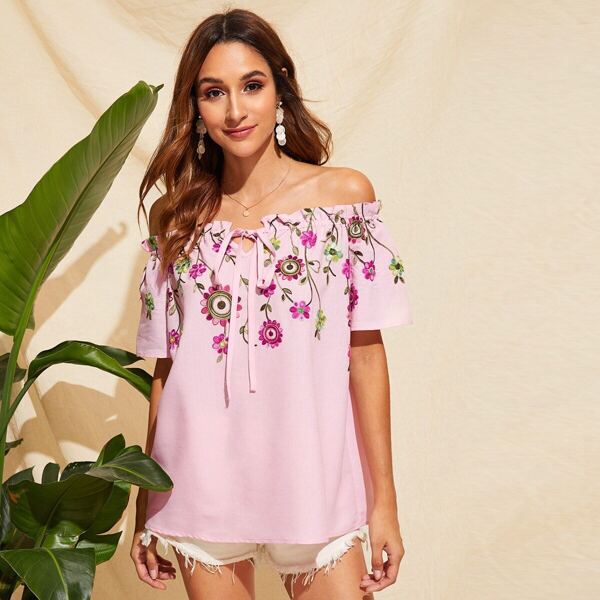 

Off Shoulder Frilled Trim Floral Embroidered Blouse
