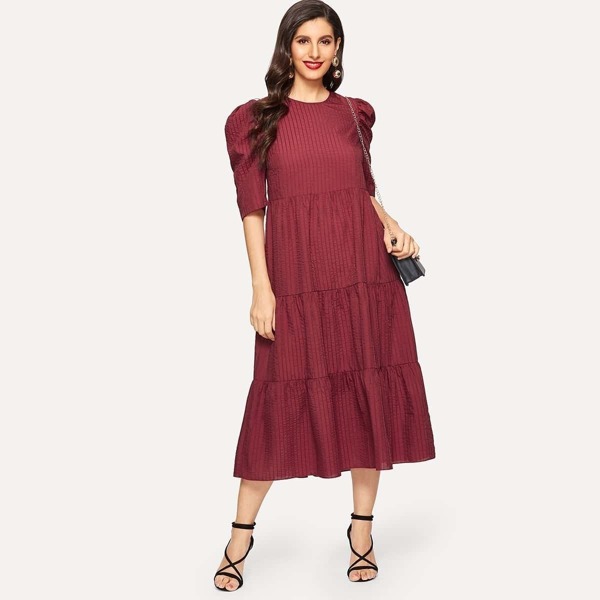 

Puff Sleeve Striped Tiered Textured Dress