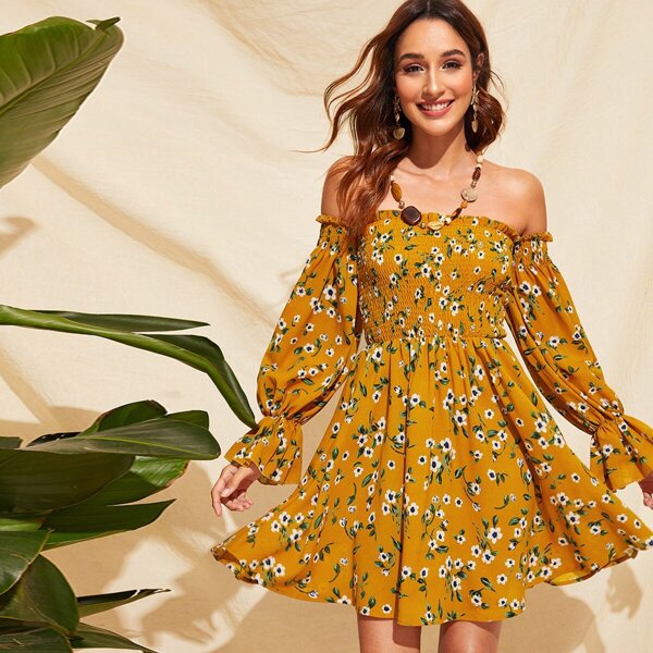 

Puff Sleeve Shirred Bodice Floral Off Shoulder Dress