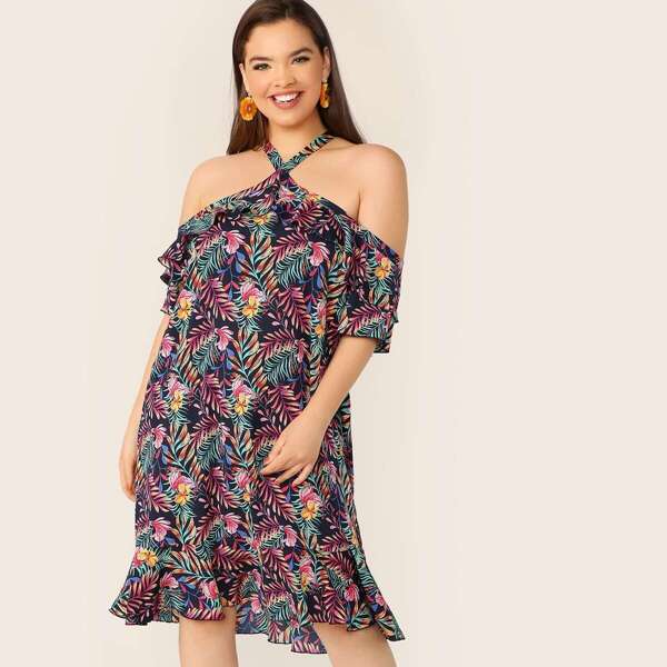 

Plus Tropical Print Halter Neck Ruffle Hem Dress, Multicolor