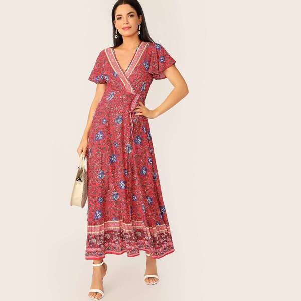 

Flutter Sleeve Ditsy Flower Print Belt Surplice Dress, Red