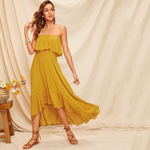 

Ruffle Trim Asymmetrical Hem Dot Tube Dress, Yellow
