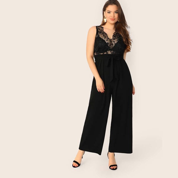 

Plus Embroidered Mesh Bodice Belted Jumpsuit Without Bra, Black