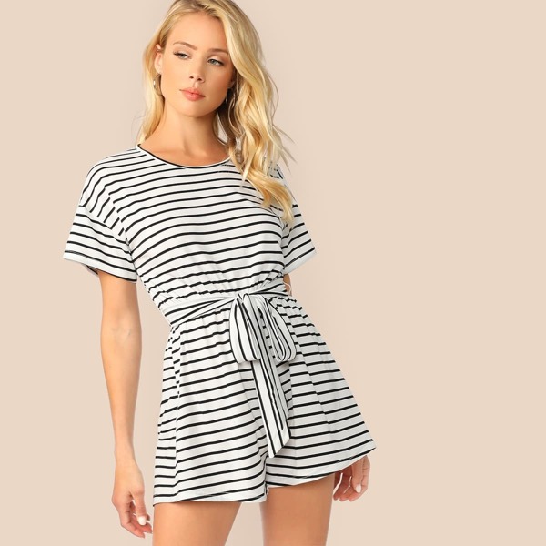 

Wide Leg Belted Striped Tee Romper, White