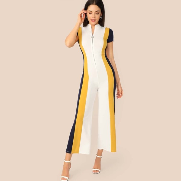 

Mock Neck Zipper Fly Front Colorblock Wide Leg Jumpsuit