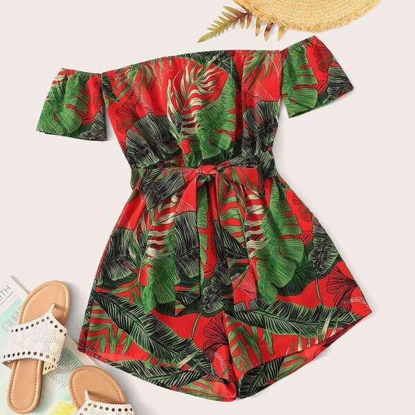 

Off Shoulder Tie Front Tropical Romper