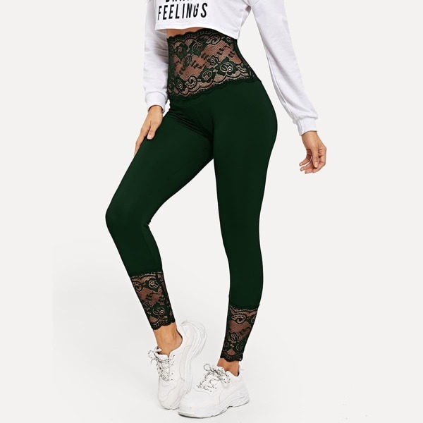 

High Waist Lace Insert Scallop Trim Leggings, Green