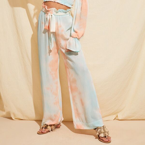 

Paperbag Waist Belted Tie Dye Wide Leg Pants, Multicolor