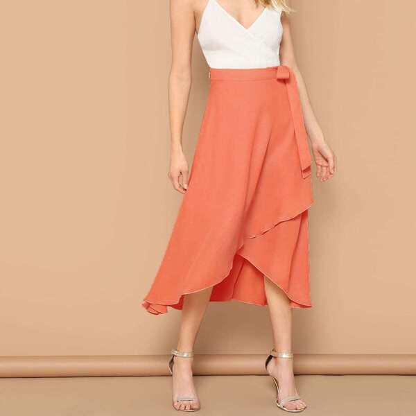 

Tie Waist Asymmetrical Hem Wrap Skirt, Orange