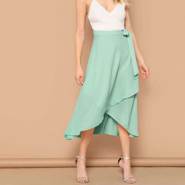 

Waist Knot Asymmetrical Hem Solid Skirt, Green