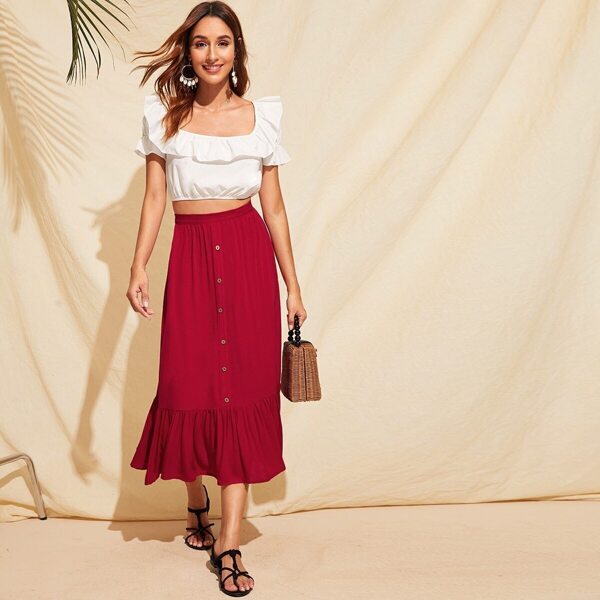 

Zip Side Button Front Ruffle Hem Skirt
