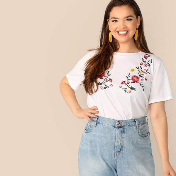 

Plus Embroidery Floral Print Tee, White