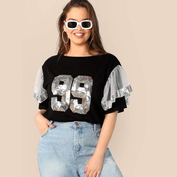 

Plus Mesh Ruffle Trim Sequin Number Top, Black