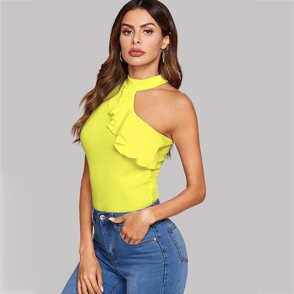 

Neon Yellow Ruffle Detail Asymmetrical Neck Solid Top