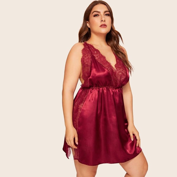 

Plus Lace Trim Split Criss Cross Satin Dress With Thong