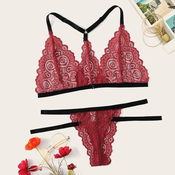 

Plus Lace Sheer Lingerie Set, Red
