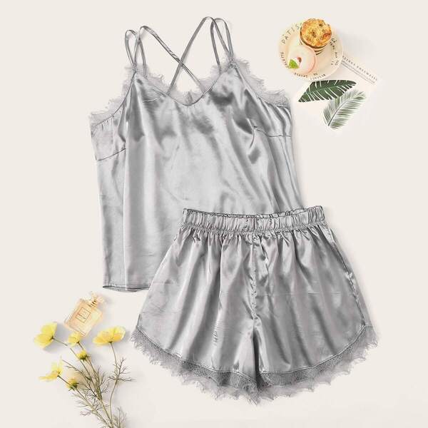 

Plus Criss Cross Lace Trim Satin Pajama Set, Grey