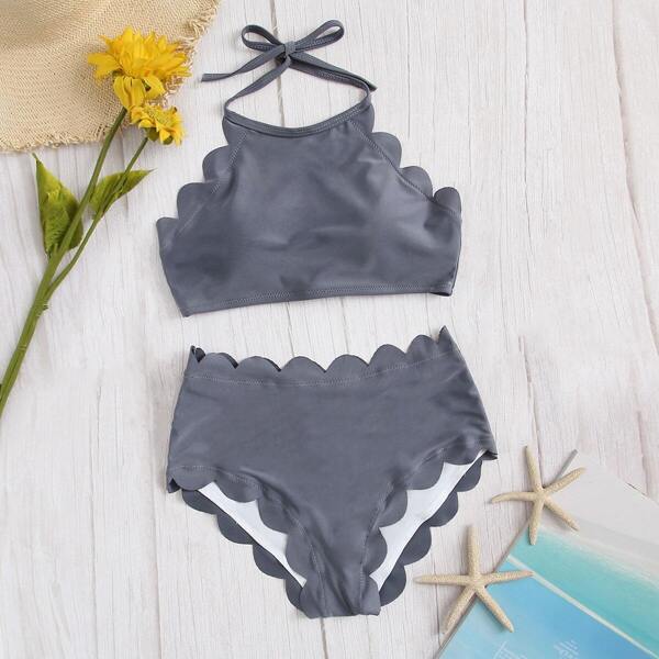 

Plus Scallop Trim Halter Top With High Waist Bikini, Grey