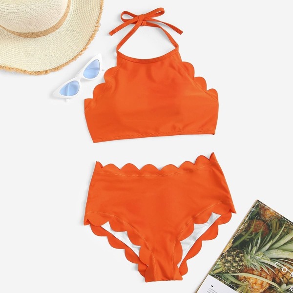 

Plus Scallop Trim Halter Top With High Waist Bikini, Orange bright