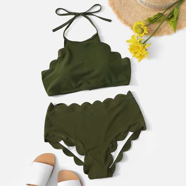 

Plus Scallop Trim Halter Top With High Waist Bikini, Army green