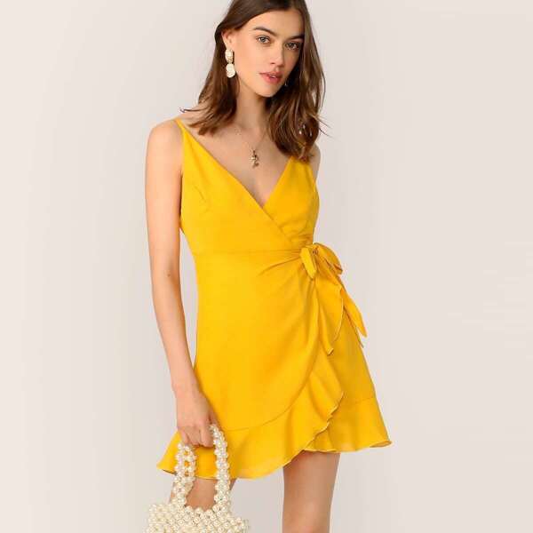 

Ruffle Hem Self Tie Surplice Slip Dress, Yellow bright