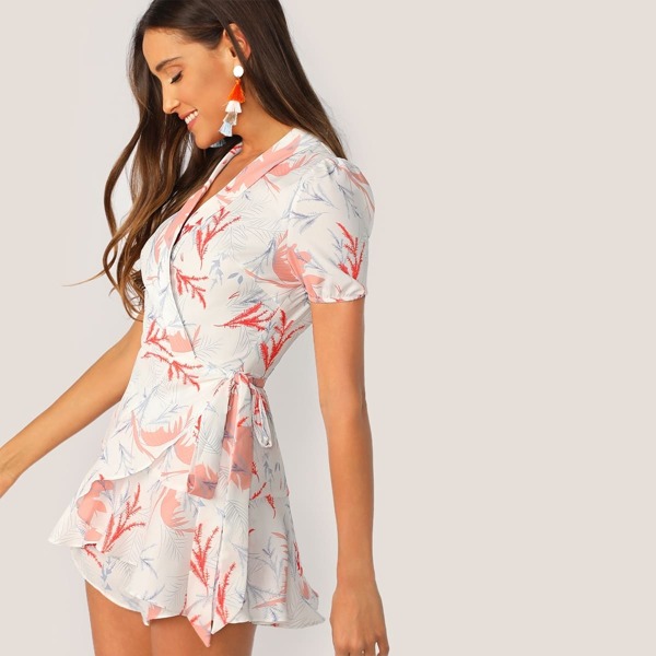 

Shawl Collar Self Tie Wrap Ruffle Trim Romper, White