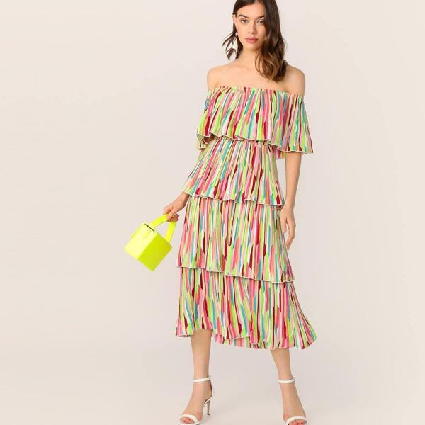 

Off Shoulder Layered Ruffle Trim Colorful Striped Dress, Multicolor