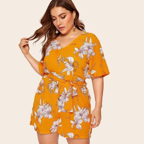 

Plus Self Tie Floral Print Romper, Yellow