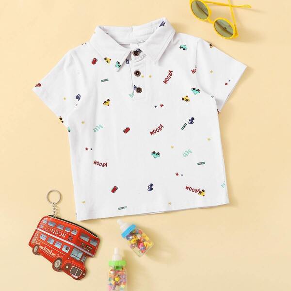 

Toddler Boys Letter & Car Print Polo Shirt