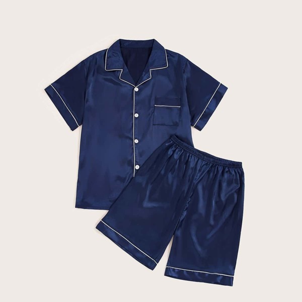 

Men Contrast Binding Satin Pajama Set