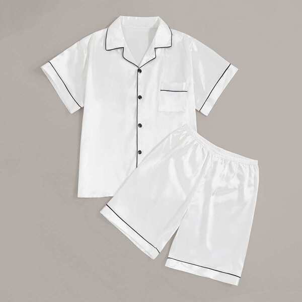 

Men Contrast Binding Satin Pajama Set