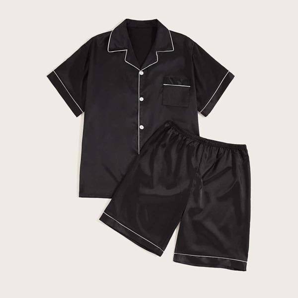 

Men Contrast Binding Satin Pajama Set