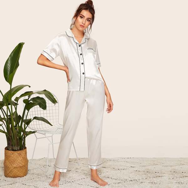 

Letter Embroidered Satin Pajama Set