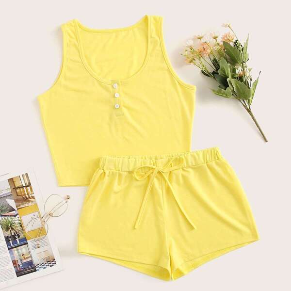 

Button Front Tank Top & Shorts PJ Set
