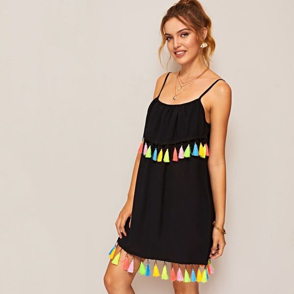 

Fringe Trim Cami Dress, Black