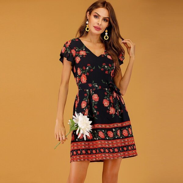 

Floral Print Self Tie Flutter Sleeve Dress