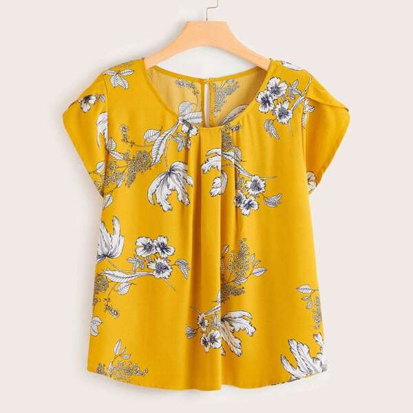 

Plus Petal Sleeve Floral Print Chiffon Blouse, Yellow