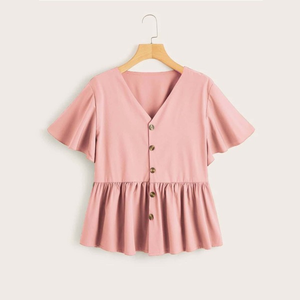 

Plus Button Front Ruffle Hem Blouse, Pink