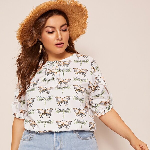 

Plus Butterfly Print Frill Trim Blouse, Multicolor