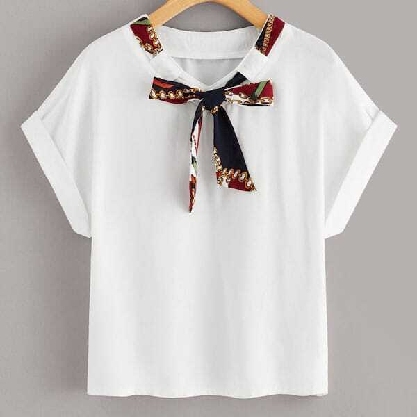 

Plus Tie Neck Roll Up Sleeve Blouse, White