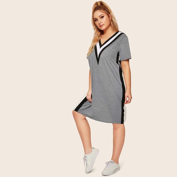 

Plus Contrast Panel Striped Dress, Multicolor