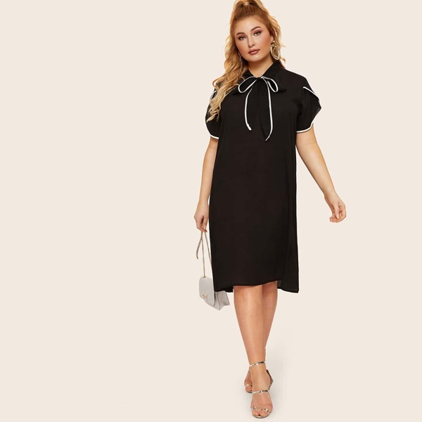 

Plus Piping Trim Tie Neck Dress, Black